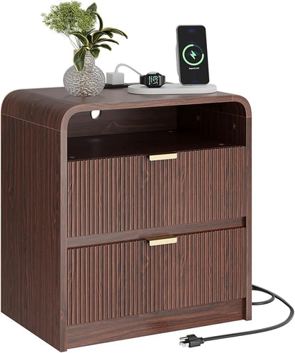 FURSUN 24" Fluted Nightstand with Charging Station, Wooden End Table with 2 Drawers Storage, Curved Profile Design, Modern Bedside Cabinet for Bedroom, Walnut