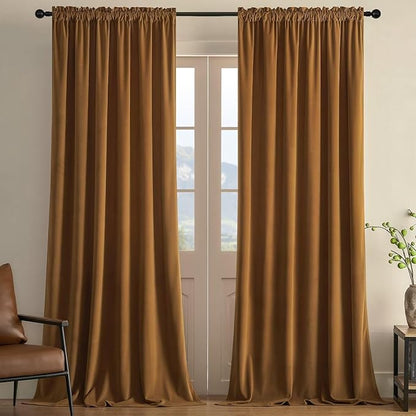 Joydeco Camel Brown Velvet Curtains 96 inch Length 2 Panels, Luxury Blackout Rod Pocket Thermal Insulated Window Curtains, Super Soft Room Darkening Drapes for Living Room Bedroom,W52 x L96 inches
