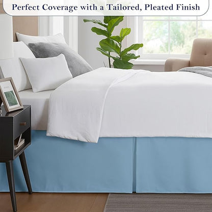 Queen Bed Skirt, Luxury 18 Inch Drop Light Blue Pleated Bed Skirt, Double Brushed Microfiber, Box Pleat Design, Wrinkle & Fade Resistant, Easy Fit Tailored Bedskirt for Queen Size Beds