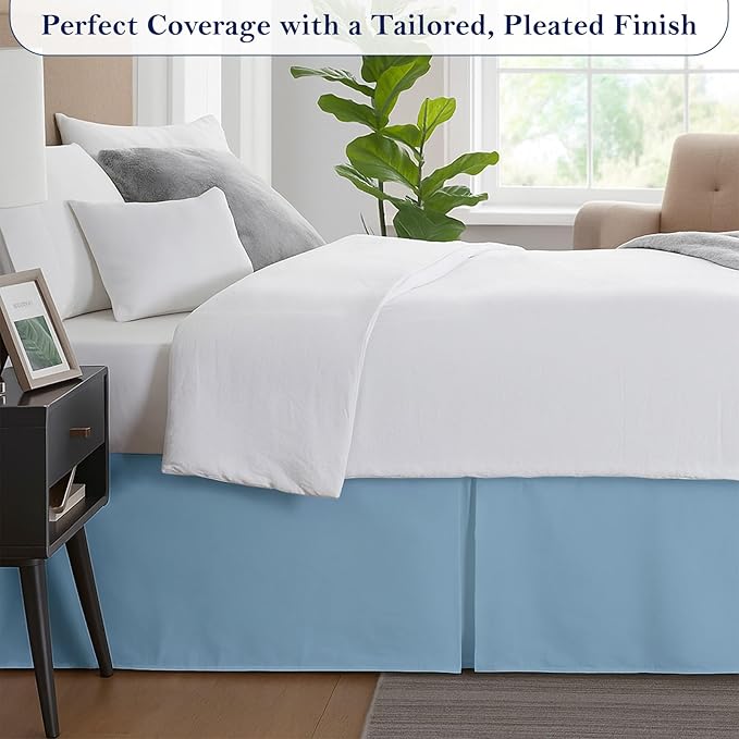 Twin Bed Skirt, Luxury 14 Inch Drop Light Blue Pleated Bed Skirt, Double Brushed Microfiber, Box Pleat Design, Wrinkle & Fade Resistant, Easy Fit Tailored Bedskirt for Twin Size Beds