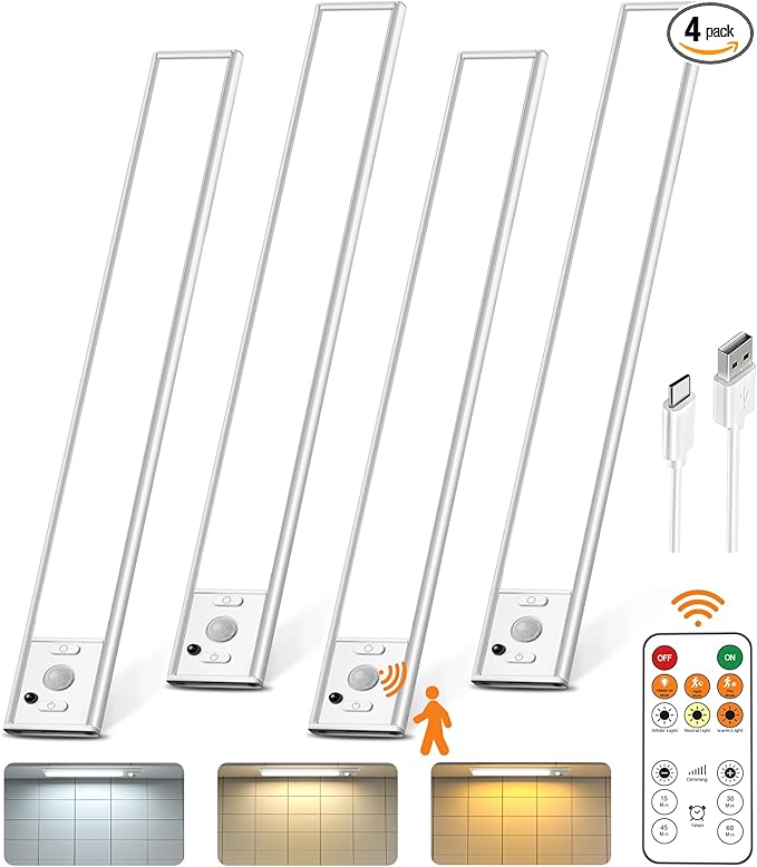 Under Cabinet Lights Wireless,Motion Sensor Light Indoor with Remote Control,2500mAh LED Rechargeable Battery Operated Closet Light,3 Color Temps,Under Counter Lights for Kitchen,Stairs,4 Pack