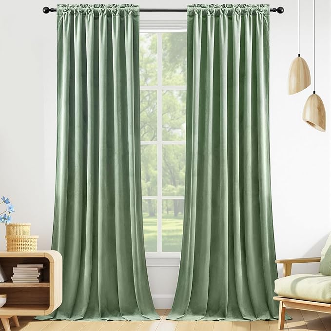 Sage Green Velvet Curtains 108 Inches Long for Bedroom, Luxury Room Darkening Thermal Insulated Blackout Curtains Luxury Window Drapes for Living Room, Back Tab Rod Pocket, W52 x L108, 2 Panels