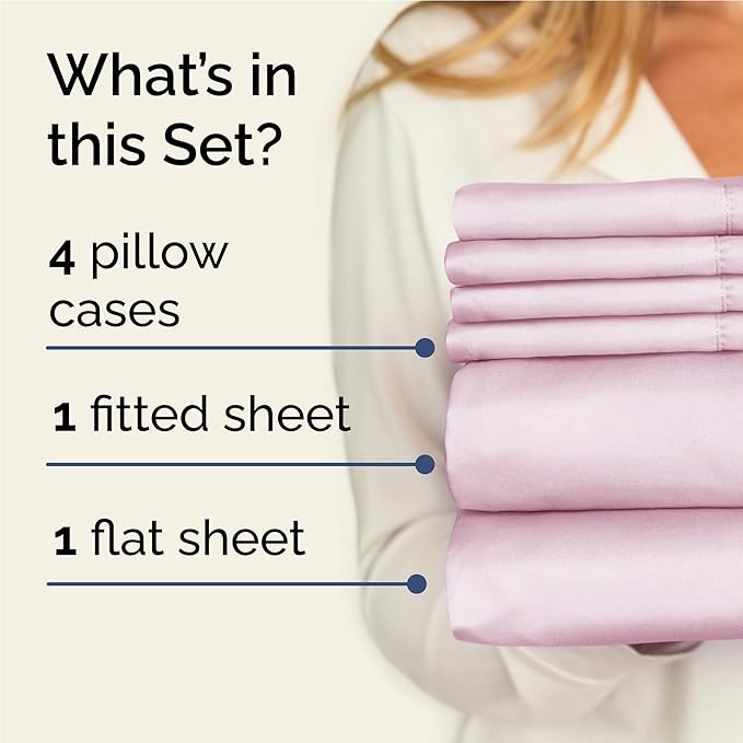 Full 6 Piece Sheet Set - Cooling, Comfy & Breathable - Hotel Luxury Bedding, Includes Fitted Sheet for Women, Men, Kids & Teens - 1 Flat, 1 Fitted Sheet, 4 Pillowcases with Deep Pockets - Light Pink