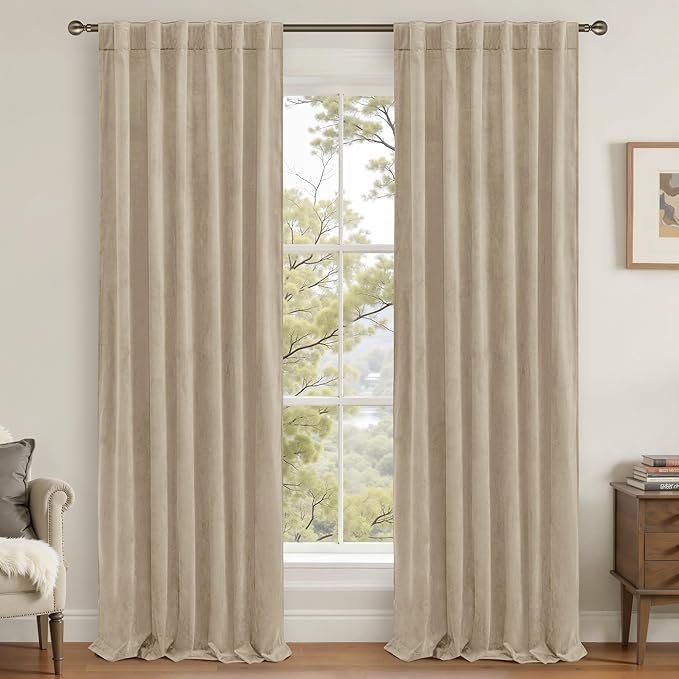 LAMIT Taupe 90 Inch Velvet Curtains for Living Room, Thick Thermal Insulated Room Darkening Drapes Super Soft Elegant Back Tab and Rod Pocket Panels for Sliding Glass Door, 2 Panels, 52 x 90 Inch