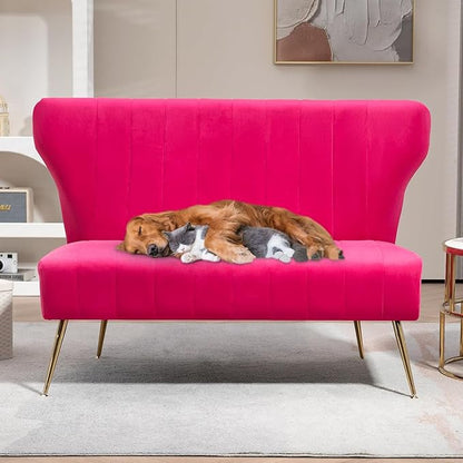 50’’ Armless Loveseat Sofa, Comfy Upholstered Velet Small Couch Sofa with Gold Legs, 2 Seater Tufted Modern Couch for Living Room, Bedroom, Apartment Small Space (Fuchsia)
