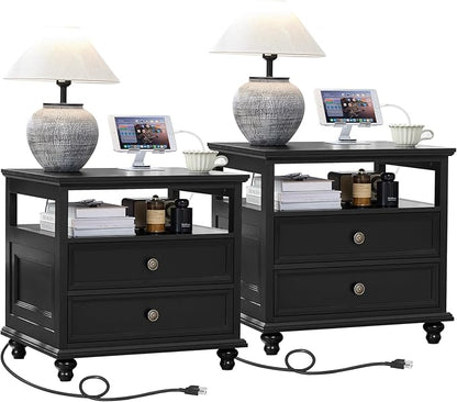 Farmhouse Nightstand Set of 2 with Charging Station, 24" Wide End Table with 2 Drawers,Wood Dresser for Bedroom,Black Bed Side Table Chest of Drawers Cabinet,Night Stand for Living Room