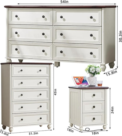 Farmhouse Dressers & Night Stand Set of 4, Wood 54" Wide Dresser & 45" Tall Chest of Drawers, 18" with Charging Station Nightstand Set of 2, Bedroom Furniture Dresser Set for Home Living Room Hallway