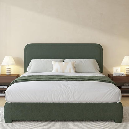 BarnFurin Full Size Bed Frame with Headboard, Boucle Upholstered Platform Bed Frame, Modern Style, Soft Rounded Corners, No Box Spring Required, Easy Assembly, Green