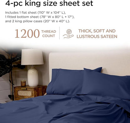 Threadmill American Supima King Size Cotton Sheets, 1200 Thread Count, 4 Piece Luxury Bed Sheets for King Mattress, 5 Star Hotel Quality Sheets with Elasticized Extra Deep Pocket, Folkstone Blue