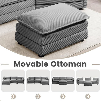 ROWHY 112'' Modular Sectional Cloud Couch with Movable Ottoman, 4 Seat Modern Corduroy Sofa with 2 Throw Pillows, Comfy Deep Seat L Shaped Couches for Living Room Bedroom Apartment, Dark Grey