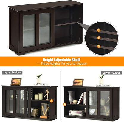 Costzon Sideboard Buffet Cabinet, Wooden Kitchen Storage Cabinet with Adjustable Shelf, Sliding Glass Doors, Accent Coffee Bar Cabinet Console Table for Living Room, Dining Room, Hallway (Coffee)