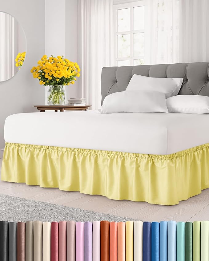Wrap Around Dust Ruffle Bed Skirt - Yellow - Twin/Twin XL Size Beds with 24 Inch Drop - Easy Fit Elastic Strap - Adjustable Pleated Bedskirt w/Brushed Fabric - Wrinkle Free - Women, Men, Kids & Teens