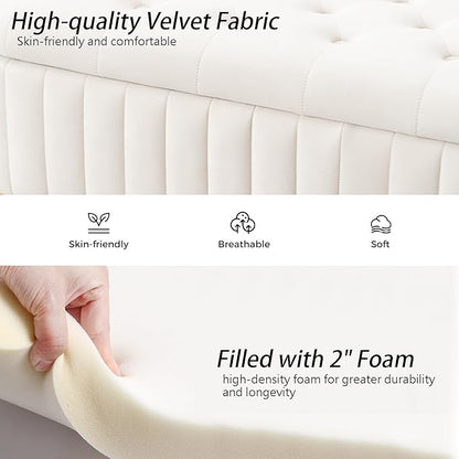 Velvet Storage Bench for Bedroom, Modern Tufted End of Bed Bench for King Size Bed, Upholstered Long Ottoman Bench with Gold Legs for Living Room/Entryway (Ivory White, 55" Wide)