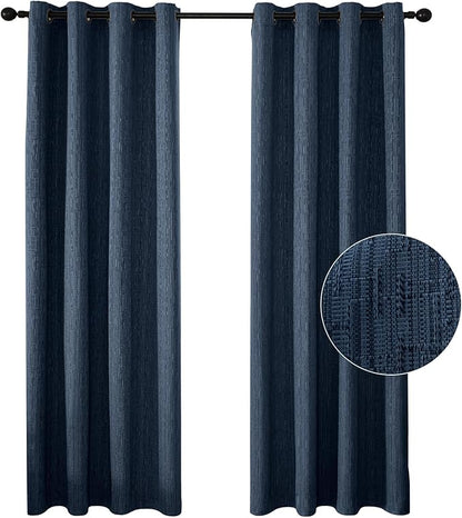 Jacquard Linen Curtains 96 inch Length 2 Panels Thick Faux Linen Blended Window Drapes Burlap Textured Curtains with Grommet for Living Room Bedroom Farmhouse (52x96 Navy) Natural