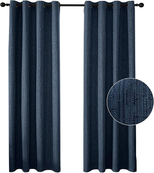 Jacquard Linen Curtains 96 inch Length 2 Panels Thick Faux Linen Blended Window Drapes Burlap Textured Curtains with Grommet for Living Room Bedroom Farmhouse (52x96 Navy) Natural