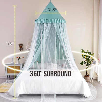 Kertnic 31.5inch Large Dome Bed Canopy for Girls, Double Layer Dreamy Ruffle Princess Canopy, Bedroom Hanging Tent Kids Reading Nook Canopies,Full Queen Bed Canopy Curtain (Green)