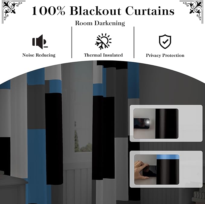 Light Blue 100% Blackout Curtains for Bedroom 72 inch Length 2 Panels Set Grey Modern Abstract Geometric Black Out Curtains Insulated Room Darkening Window Drapes for Living Room, 42Wx72L