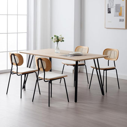 HEAH-YO Dining Chairs Set of 2, Upholstered Faux Leather Rattan Dining Chairs with Backrest and Metal Legs, Armless Kitchen Rattan Chairs for Dining Room, White