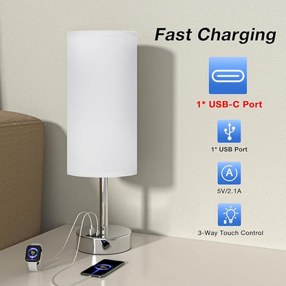 White Bedside Touch Table Lamps for Bedroom Nightstand with USB-C USB-A Charging Ports White, 3 Way Dimmable Control Small Lamp Silver Base for Office, Living Room, Reading