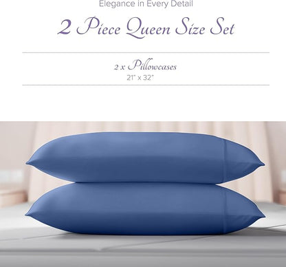 Carressa Linen 100% Egyptian Cotton Pillow Cases Queen Size Set of 2 - Luxury 600 Thread Count Deep Blue Standard/Queen Size Pillowcases, Silky Soft, Cooling Sateen Weave Hotel Quality Pillow Cover