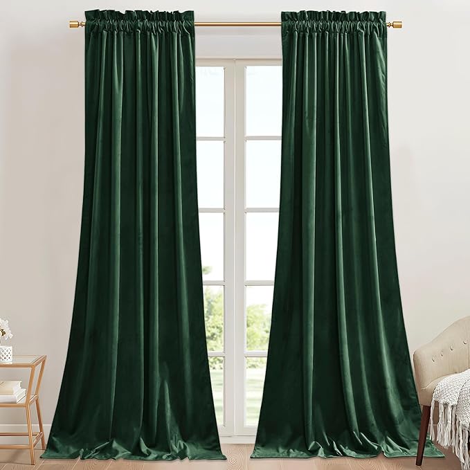 StangH Dark Green Curtains Blackout Thermal Insulated Velvet Drapes Rod Pocket Noise Reducing for Hallway/Living Room/Bedroom, Christmas Home Decor, W42 x L90, 2 Panels