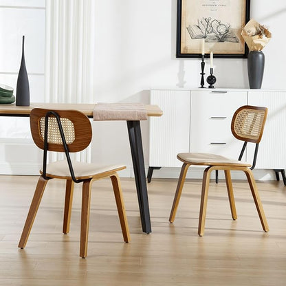 HEAH-YO Modern Dining Chairs Set of 4, Upholstered Faux Leather Dining Room Chairs with Rattan Backrest and Wood Legs, Armless Wood Kitchen Chairs for Dining Room, Beige