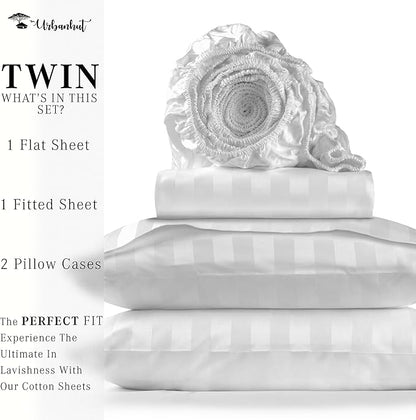 URBANHUT 800 Thread Count 100% Cotton Damask Twin Size Sheets, 4 Piece Striped Twin Size Bedsheets, Luxury Hotel Sheets Sateen Weave - Better Than Egyptian, 14" Elasticized Deep Pocket- White