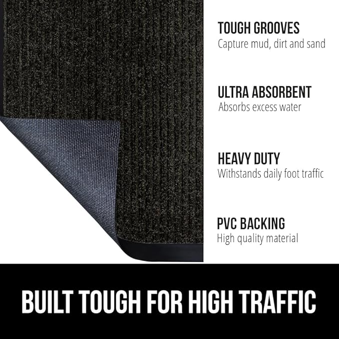 GORILLA GRIP Waterproof Traffic Guard Door Mat, 60x36, Heavy Duty Entryway Mats, Strong Rubber Back Commercial Utility Rugs for Office Hallway, Garage Floor and Home, Low Profile Carpet Runner, Black