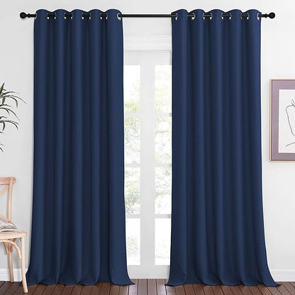 NICETOWN Blackout Curtain Panel for Farmhouse - Window Treatment Energy Saving Thermal Insulated Solid Grommet Room Darkening Doorway Drape for Living Room (Navy, 1 Panel, W66 x L90)