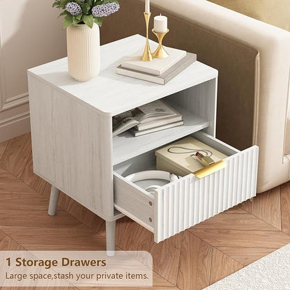 CARPETNAL Fluted Nightstand Set of 2, White Bedside Table with Drawer and Storage Shelf, Wood End Table Mid Century Night Stands for Bedroom Living Room