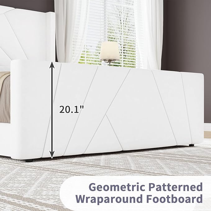 BarnFurin Full Size Bed Frame, Velvet Upholstered Platform Bed with Geometric Tufted Headboard & Footboard, Wingback Design, Mattress Foundation with Wooden Slats, Cream White