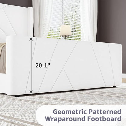 BarnFurin Full Size Bed Frame, Velvet Upholstered Platform Bed with Geometric Tufted Headboard & Footboard, Wingback Design, Mattress Foundation with Wooden Slats, Cream White
