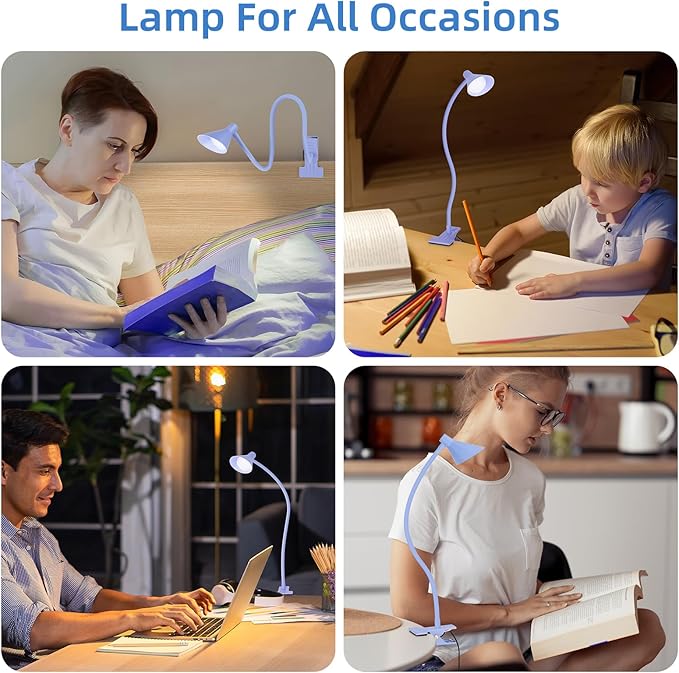 Clip on Light USB Reading Light, Eye Care Dimmable Reading Lamp Flexible Gooseneck Clip on Lamp for Bed Headboard Desk Bedside Dorm - Purple