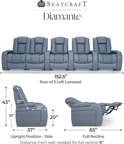 Seatcraft Diamante Zero-Gravity CoolZero Italian Leather Home Theater Seating, Power Headrest, Power Recline, Row of 5 Left Loveseat, Smokey Blue
