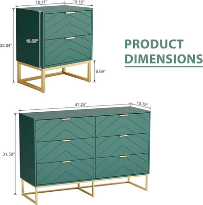 Anbuy 3 Pieces Bedroom Sets, 6 Drawer Dresser and Nightstand Sets for Bedroom, Night Stand Set of 2 & 6 Drawer Dresser with Gold Handles, Morden Wood Chest of Drawers Storage Cabinet Set, Green