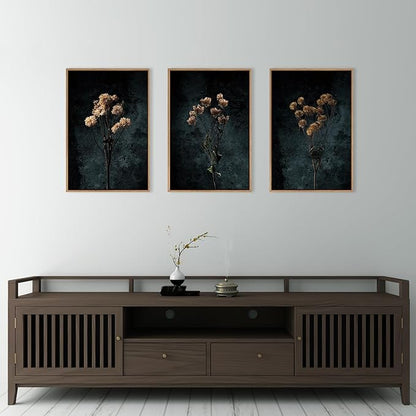 LHIUEM Dark Moody Wildflowers Framed Canvas Wall Art Set,Minimalist Wildflower Wall Decor,Vintage Black Flower Botanical Painting, Aesthetic Floral Artwork for Living Room,Bedroom,Office-24''x36''x3