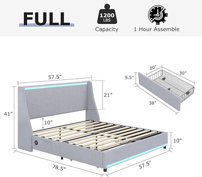 VECELO Full Size Bed Frame with Storage Drawers, Upholstered Platform Bedframe with Wingback Headboard, No Box Spring Needed, Classic Grey