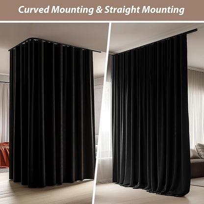 Room Divider Curtains with Ceiling Curtain Track Set Window Curtain for Bedroom,Living Room Total Blackout Thermal Insulated Privacy Ceiling Track Curtain W 9 × H 8 FT Black drape&Black track