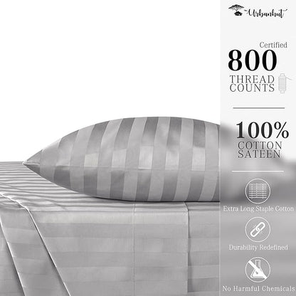 URBANHUT 800 Thread Count 100% Cotton Damask Twin Size Sheets, 4 Piece Striped Twin Size Bedsheets, Luxury Hotel Sheets Sateen Weave - Better Than Egyptian, 14" Elasticized Deep Pocket- Silver Grey