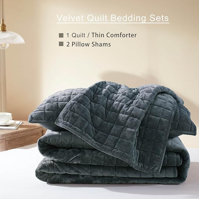 LEAONME Velvet Quilt Full/Queen Size-90''x98'', Lightweight Navy Blue Velvet Comforter Set with 2 Pillow Shams, Soft Bedspread Coverlet Quilted Bedding Set for All Season