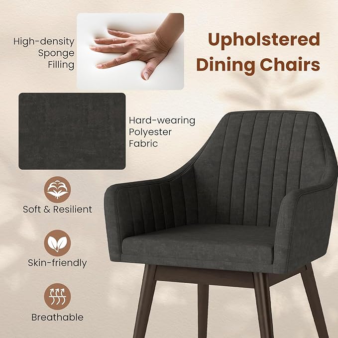 Giantex Upholstered Dining Chairs Set of 4, Mid Century Kitchen Chairs with Solid Wood Legs, Wrap-Around Backrest, Modern Accent Armchair for Living Room, Dining Room, Bedroom, Dark Grey