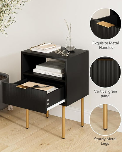 Masupu Nightstand,Mid-Century Modern Bedside Table with Storage Drawer and Open Wood Shelf,Small Gold Frame Side Table for Bedroom,Living Room,Black