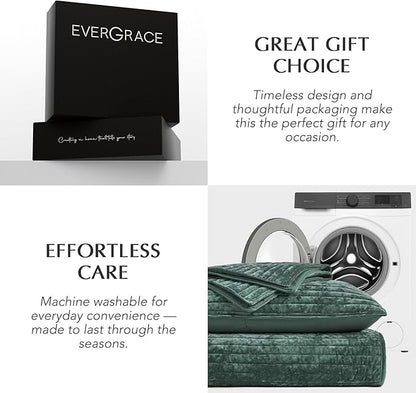 EVERGRACE Velvet Quilt Set Queen Size, Luxurious Soft Striped Channel Bedding Set, Lightweight Velvet Comforter for All Season, Oversized Bedspread Coverlet with 2 Matching Shams, Pine Green