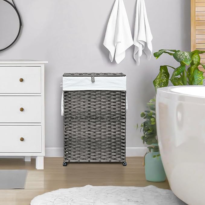 70L Slim Laundry Hamper with Lid & Wheels, 2-Park Rolling Laundry Basket with 4 Removable Liner Bags & 3 Mesh Bags, Narrow Dirty Clothes Basket, Foldable Handwoven Rattan Laundry Sorter, Grey