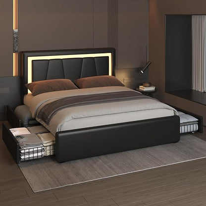 Full Bed Frame with 4 Storage Drawers and Adjustable Headboard, Upholstered Platform Bed with LED Lights and USB Ports, Solid Wooden Slats Support, Faux Leather, Easy Assembly, Black