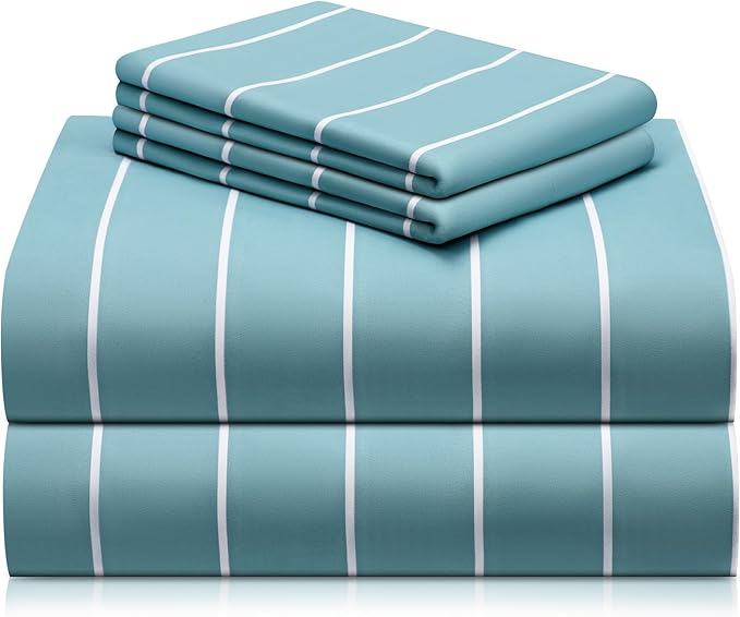 LuxClub 4 PC California King Sheet Set, Deep Pockets Wrinkle Free Cooling Bed Sheets Hotel Bedding for Women, Men, 1 Fitted Sheet, 1 Flat Sheet and 2 Pillowcases-Striped - Light Blue