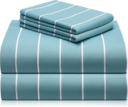 LuxClub 4 PC California King Sheet Set, Deep Pockets Wrinkle Free Cooling Bed Sheets Hotel Bedding for Women, Men, 1 Fitted Sheet, 1 Flat Sheet and 2 Pillowcases-Striped - Light Blue