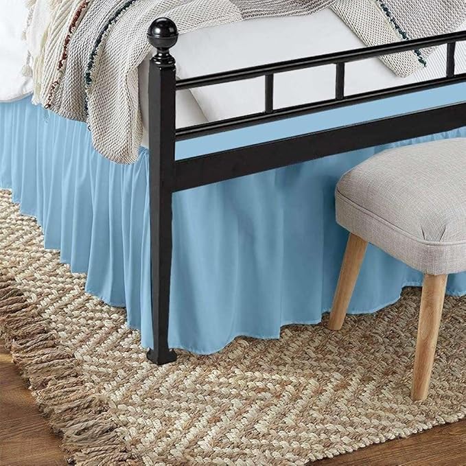 Light Blue Solid Ruffled Bed Skirt Short Queen-16 Inch Drop Split Corner, Microfiber Bedskirt with Platform Three Sided Coverage
