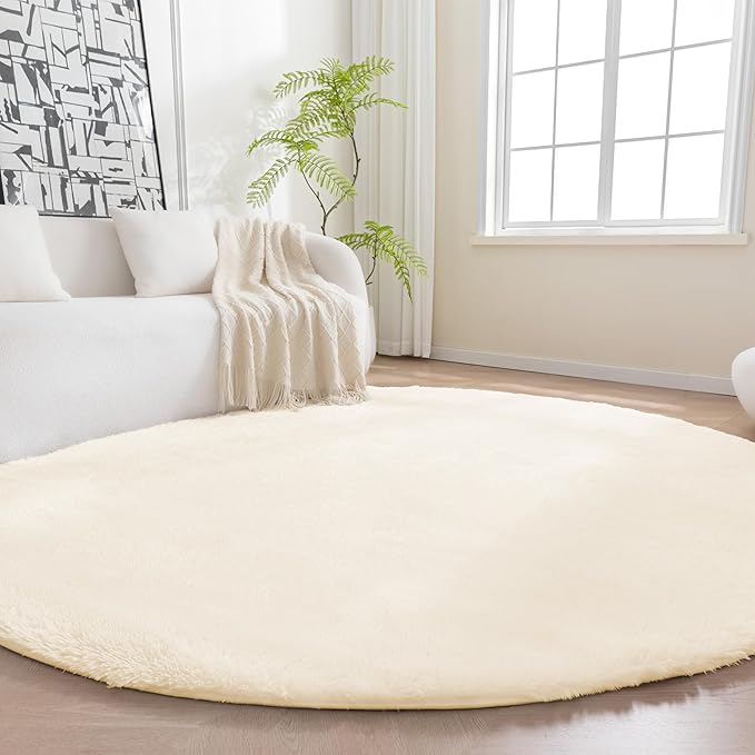 Amazon Basics Fluffy Washable Round Area Rug, Circle Shaggy Carpet for Living Room, Bedroom, Nursery, 4'R, Beige
