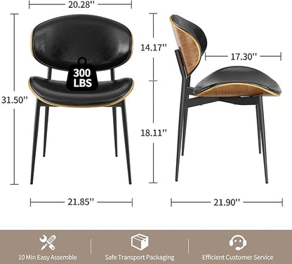 Art Leon Dining Chairs Set of 4, Walnut Bentwood, Mid Century Modern Chair, Black Faux Leather Kitchen Dining Room Chairs with Metal Legs, Accent Chairs for Bedroom